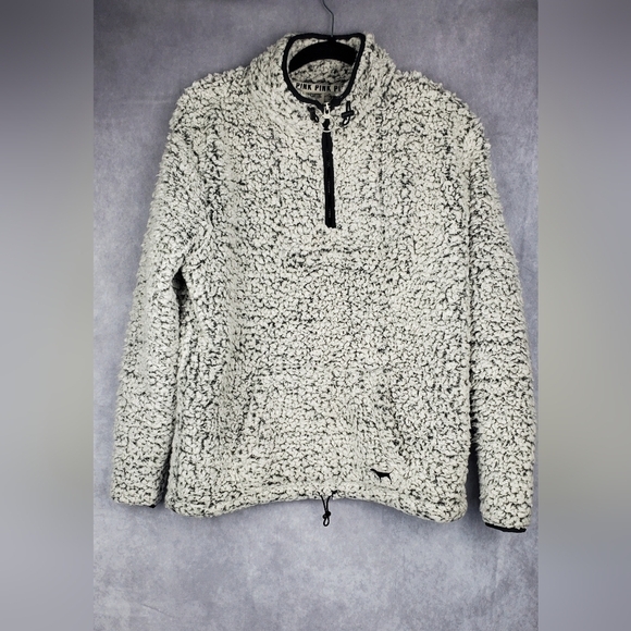 PINK‎ fuzzy Fluffy quarter zip Pullover Teddy Grey Women's Sweater Size M - Picture 1 of 10